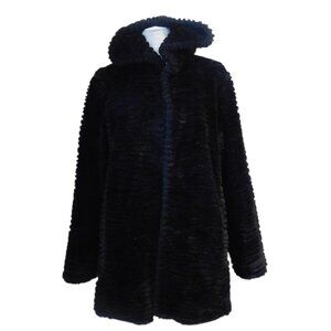 Black FAUX FUR LambWinter  Coat Hooded  SZ S Knee Length Lined  East 5th